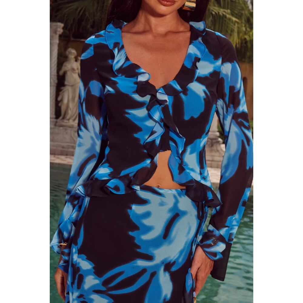 Runaway The Label Olimpia Top Blue Black Watercolor Floral Ruffle V-neck NWT L